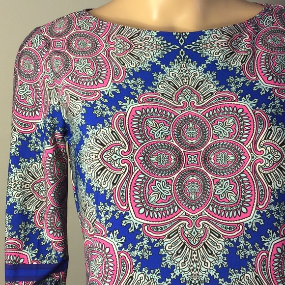 WISP PETITES 3/4-SLV STRETCHY PAISLEY SHIFT DRESS - Picture 2 of 10